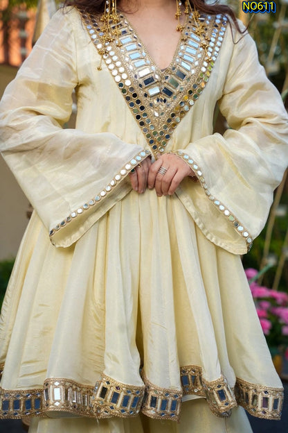 Radiant Cream Soft Chinon Peplum Top and Sharara Set with Mirror Work