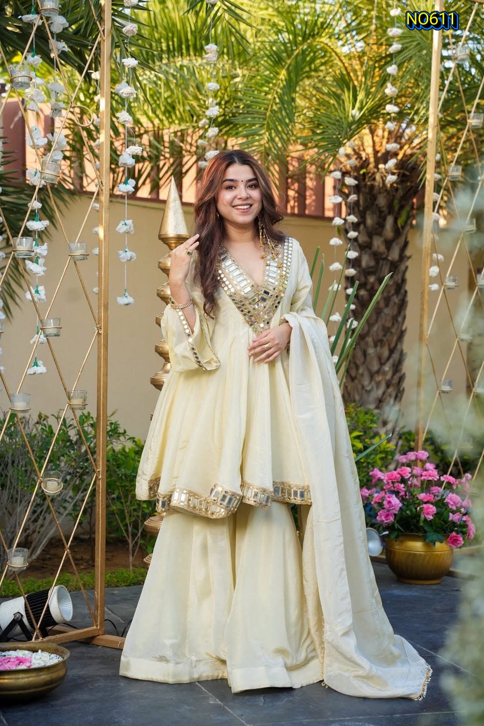 Radiant Cream Soft Chinon Peplum Top and Sharara Set with Mirror Work