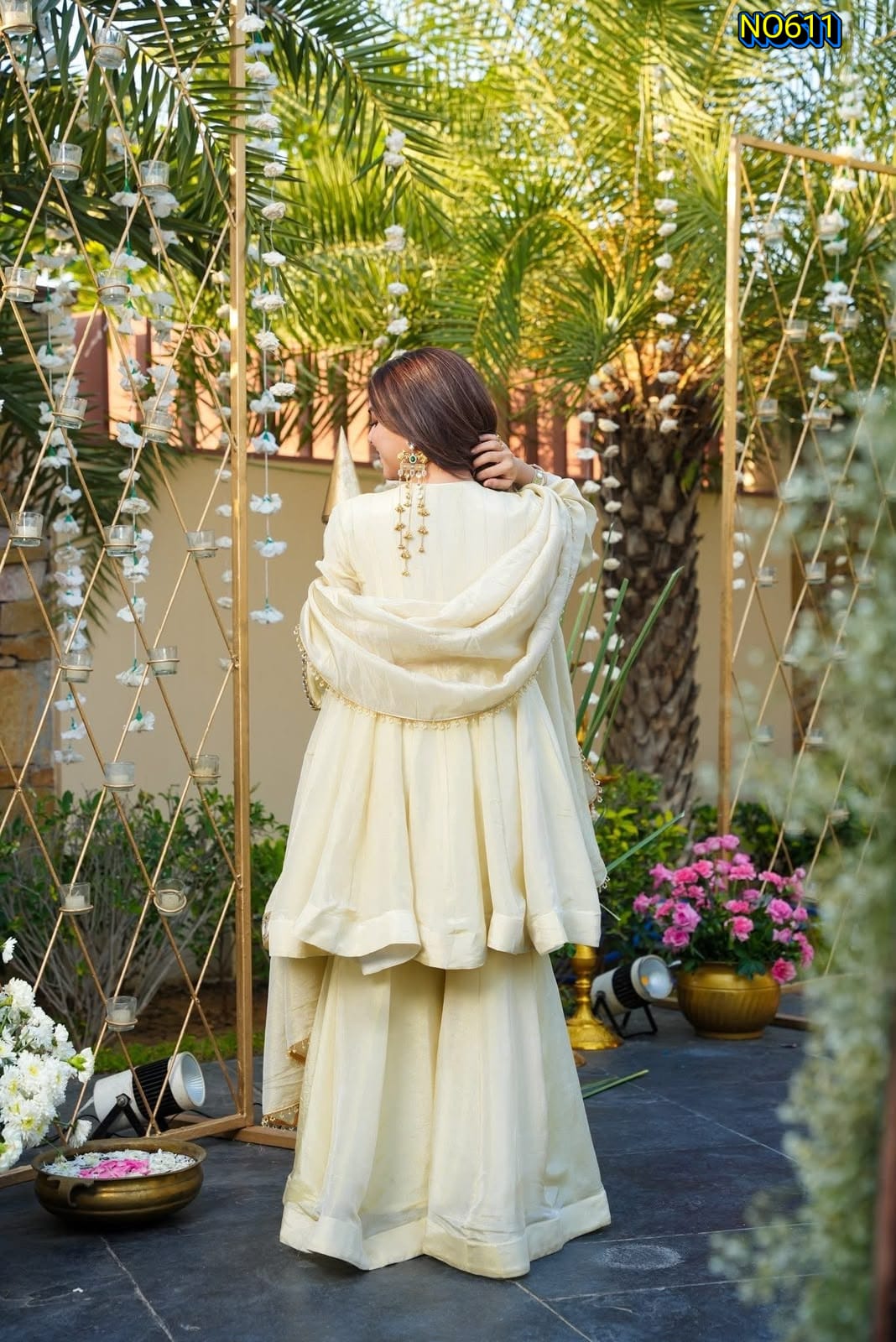 Radiant Cream Soft Chinon Peplum Top and Sharara Set with Mirror Work