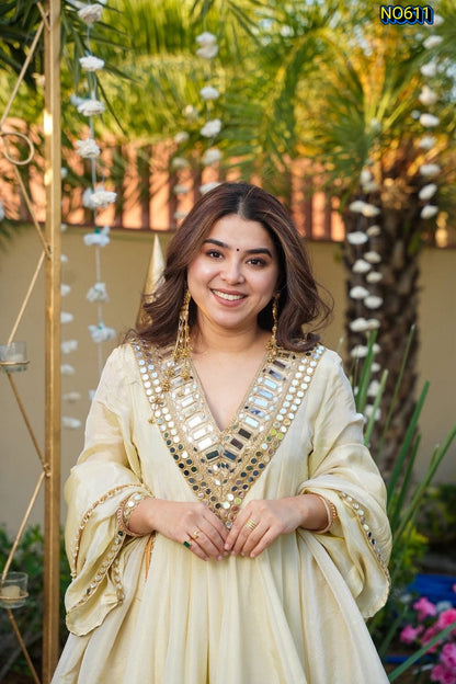 Radiant Cream Soft Chinon Peplum Top and Sharara Set with Mirror Work