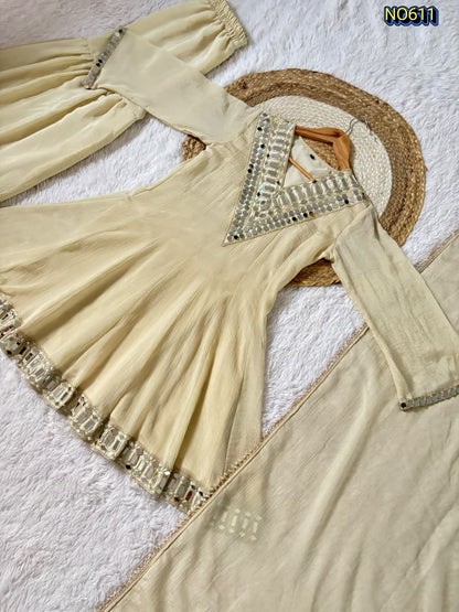 Radiant Cream Soft Chinon Peplum Top and Sharara Set with Mirror Work