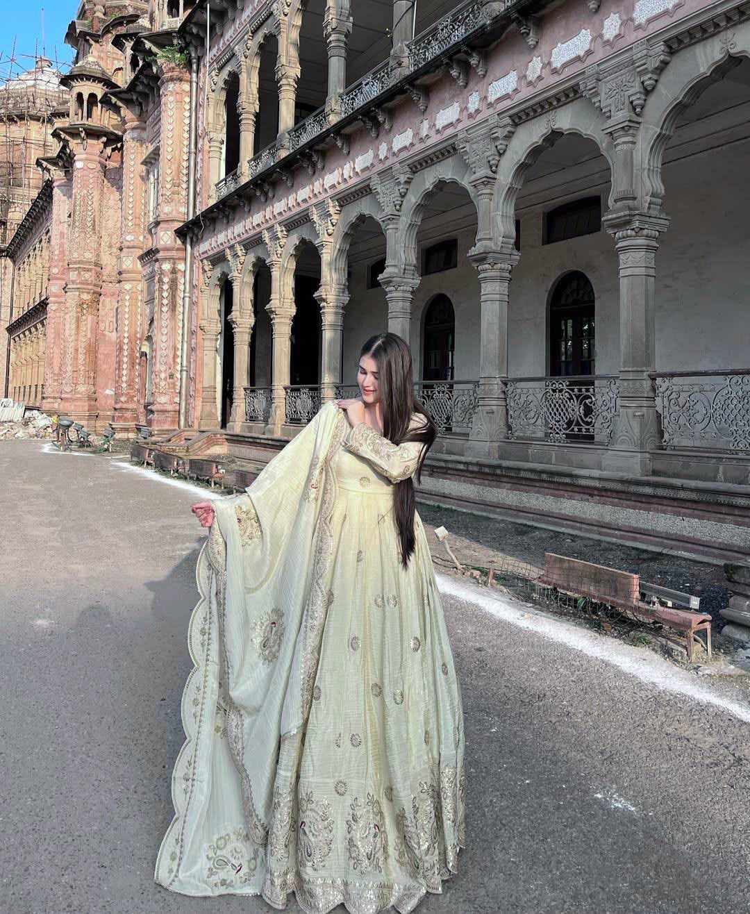 Exquisite Pastel Chinon Silk Embroidered Gown with Graceful Flair