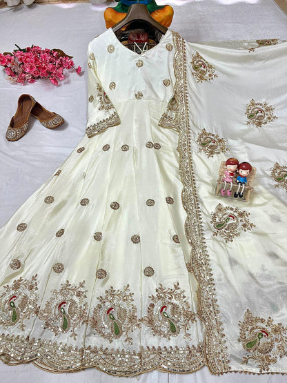 Exquisite Pastel Chinon Silk Embroidered Gown with Graceful Flair