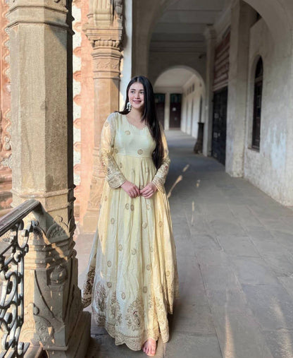 Exquisite Pastel Chinon Silk Embroidered Gown with Graceful Flair