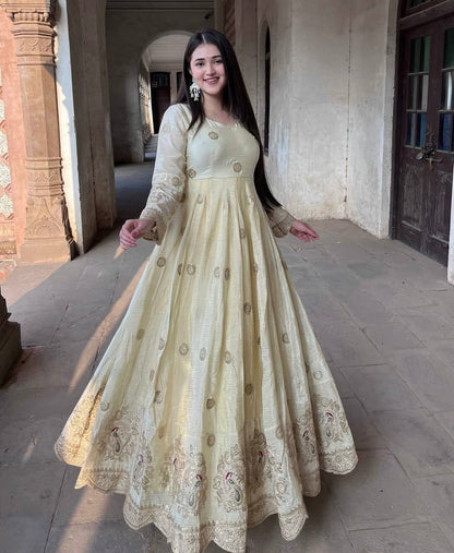 Exquisite Pastel Chinon Silk Embroidered Gown with Graceful Flair
