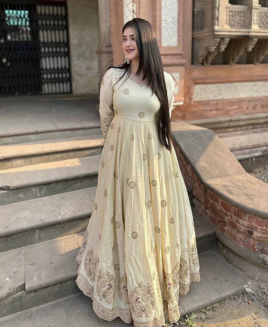 Exquisite Pastel Chinon Silk Embroidered Gown with Graceful Flair