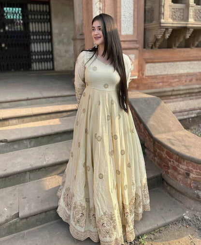 Exquisite Pastel Chinon Silk Embroidered Gown with Graceful Flair