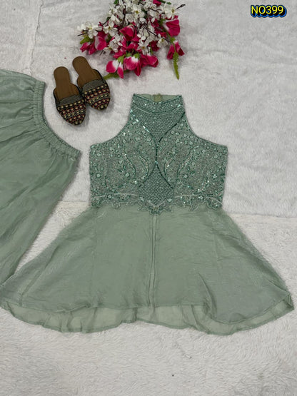 Designer Green Heavy Fandy Crush Peplum and Palazzo Set with Embellished Halter Neck