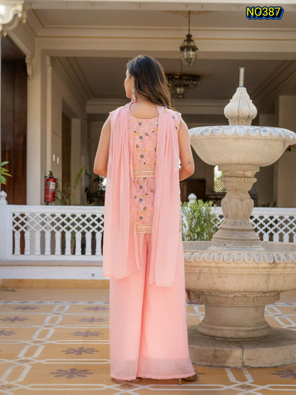 Charming Pastel Pink Premium Star Georgette Peplum and Palazzo Set