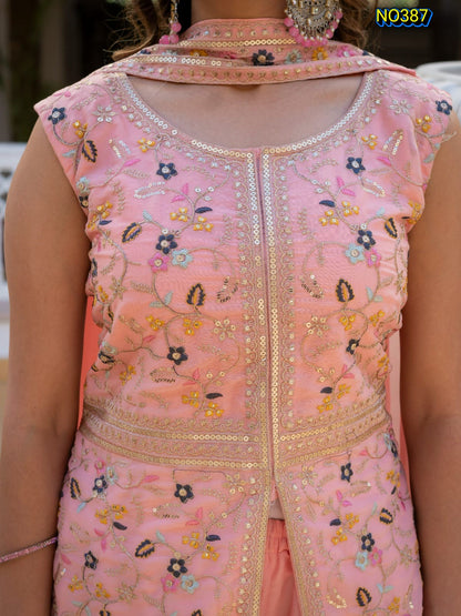 Charming Pastel Pink Premium Star Georgette Peplum and Palazzo Set