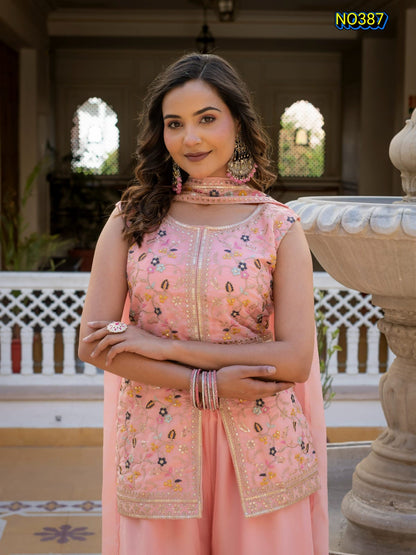 Charming Pastel Pink Premium Star Georgette Peplum and Palazzo Set