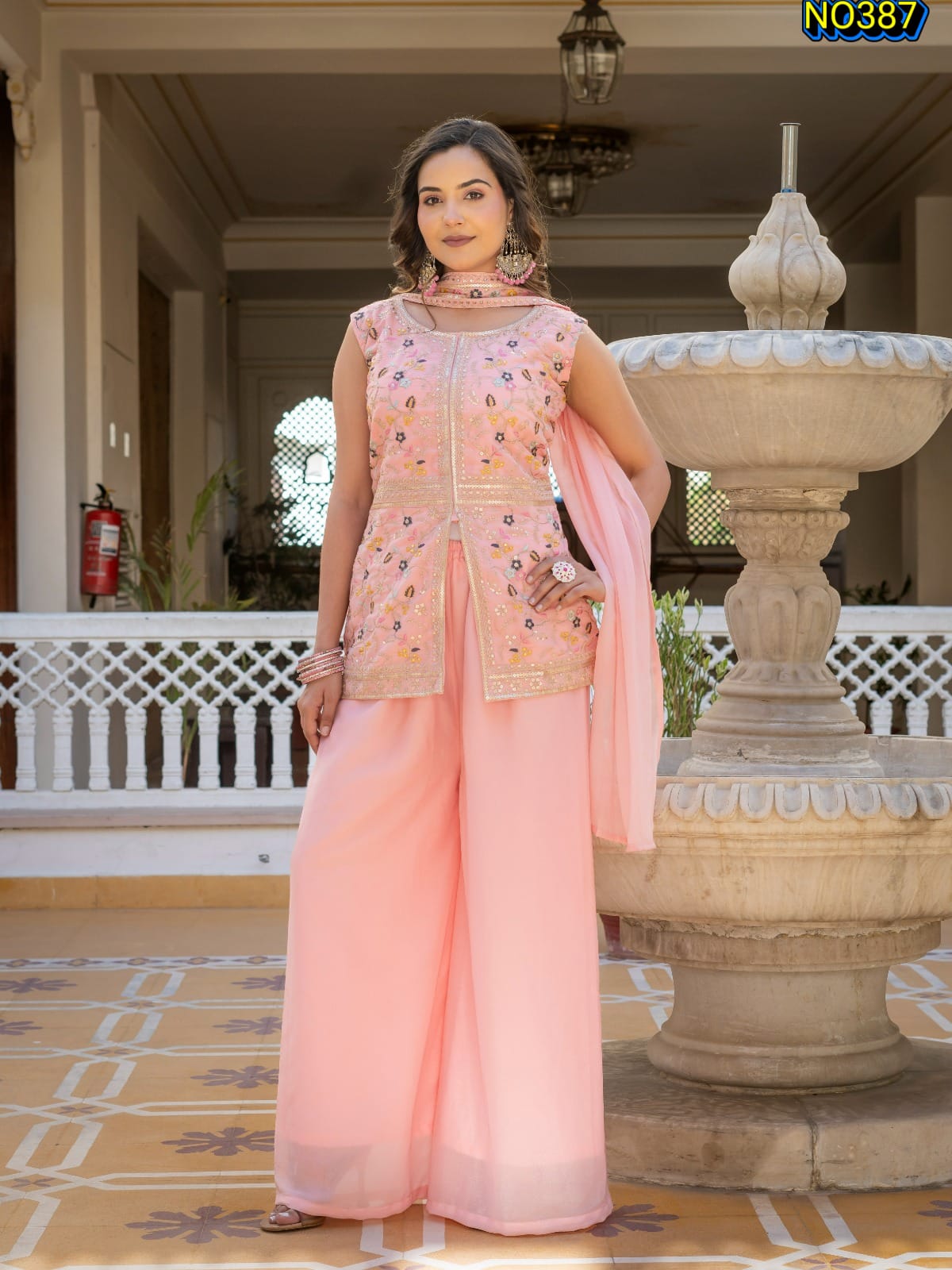 Charming Pastel Pink Premium Star Georgette Peplum and Palazzo Set
