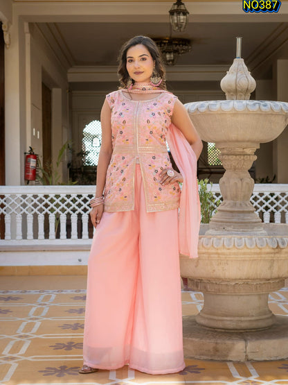 Charming Pastel Pink Premium Star Georgette Peplum and Palazzo Set