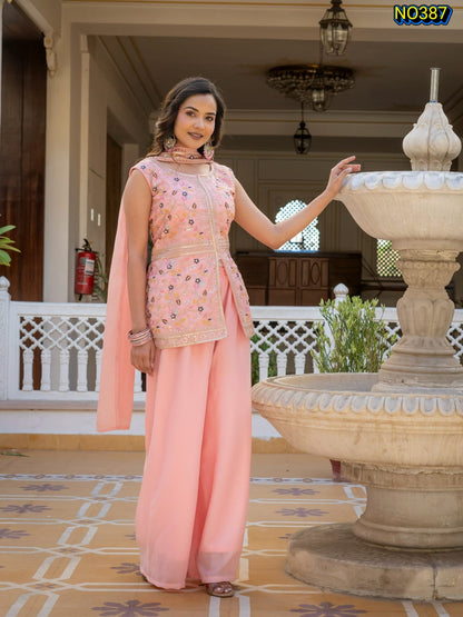 Charming Pastel Pink Premium Star Georgette Peplum and Palazzo Set