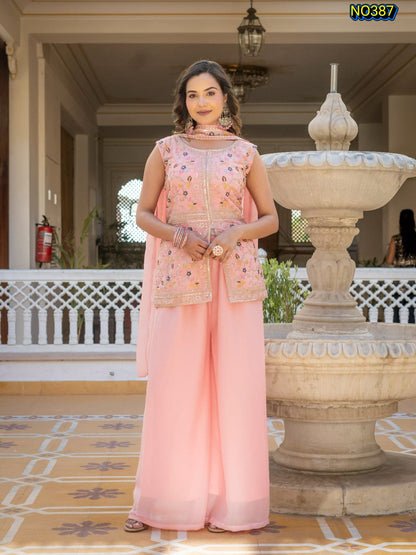Charming Pastel Pink Premium Star Georgette Peplum and Palazzo Set