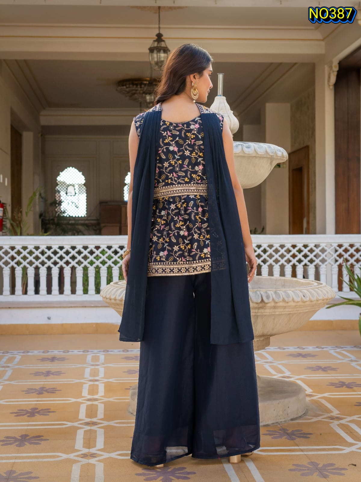 Traditional Navy Blue Premium Star Georgette Embroidered Peplum and Palazzo Set