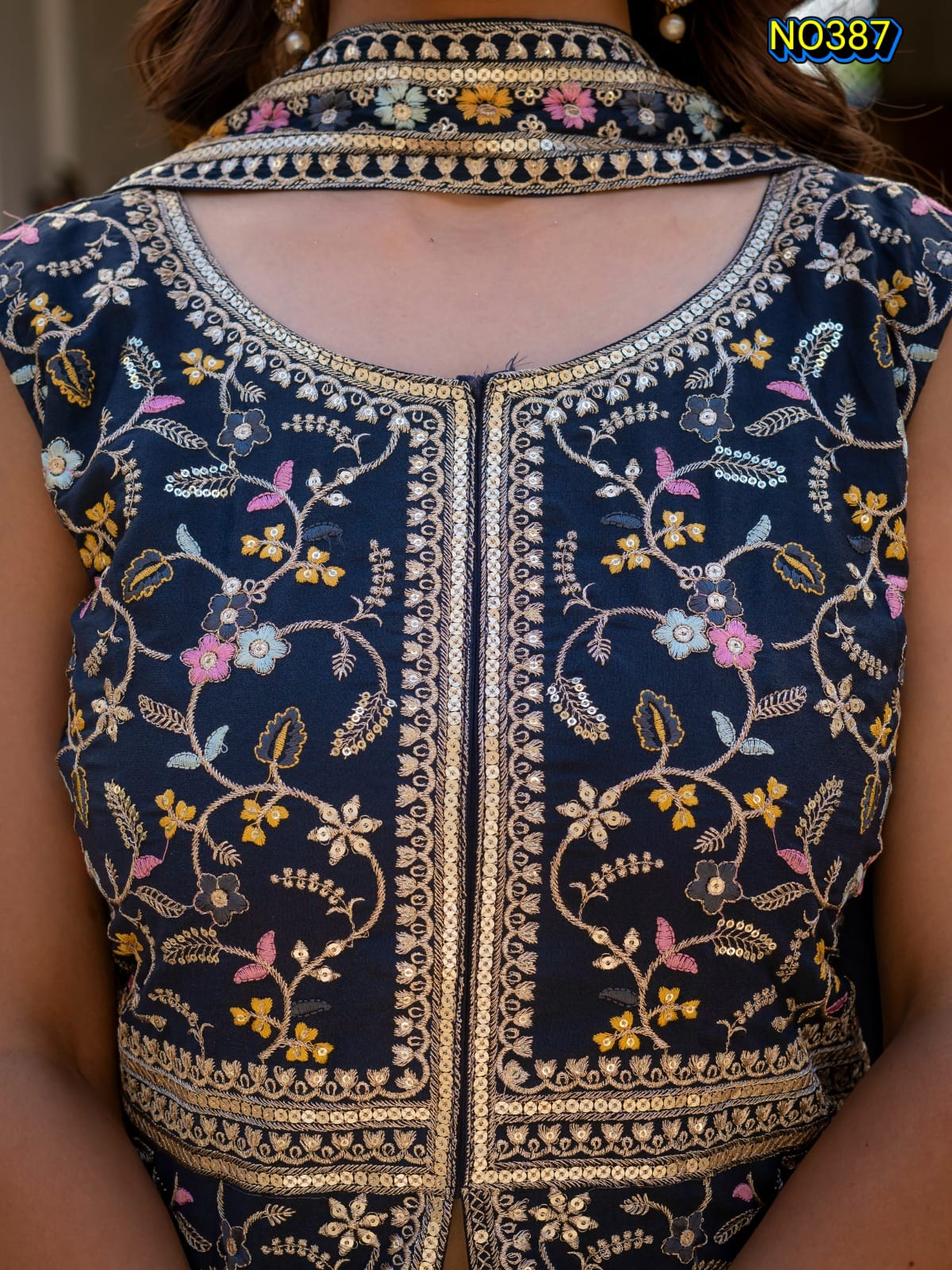 Traditional Navy Blue Premium Star Georgette Embroidered Peplum and Palazzo Set