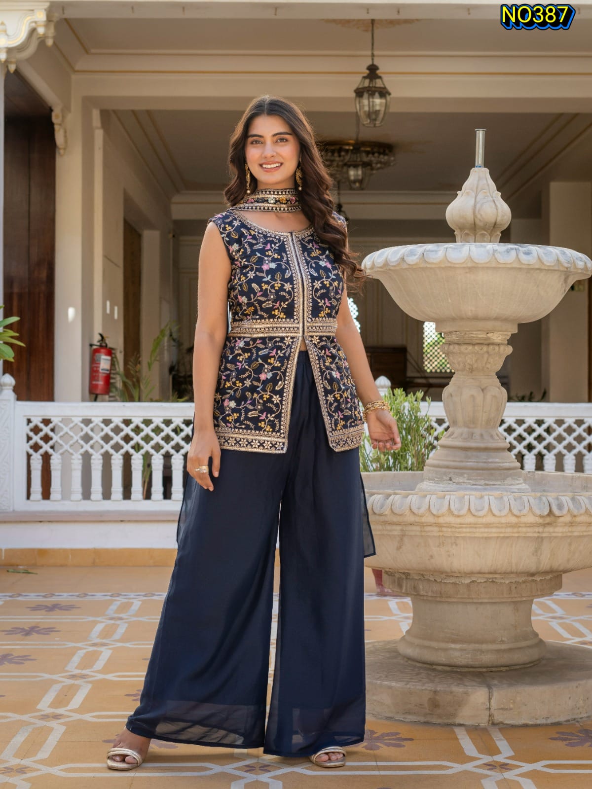 Traditional Navy Blue Premium Star Georgette Embroidered Peplum and Palazzo Set