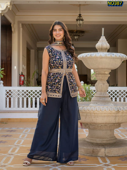Traditional Navy Blue Premium Star Georgette Embroidered Peplum and Palazzo Set