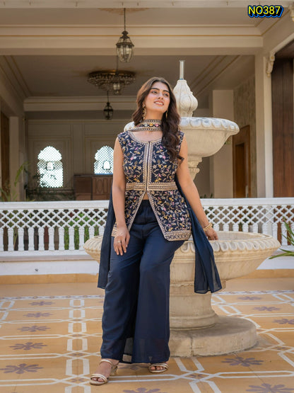Traditional Navy Blue Premium Star Georgette Embroidered Peplum and Palazzo Set