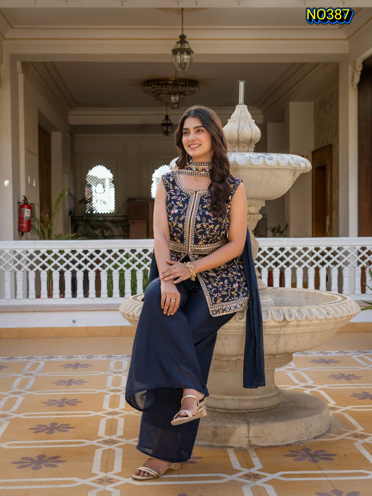 Traditional Navy Blue Premium Star Georgette Embroidered Peplum and Palazzo Set