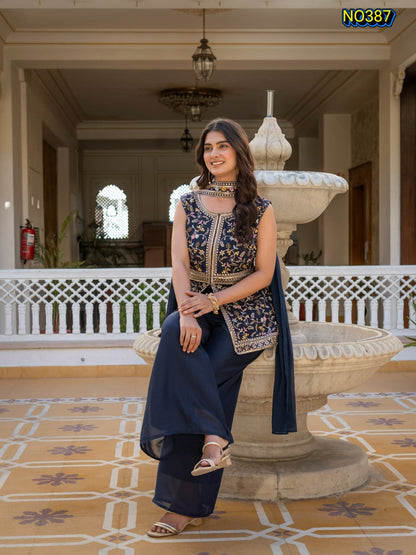 Traditional Navy Blue Premium Star Georgette Embroidered Peplum and Palazzo Set