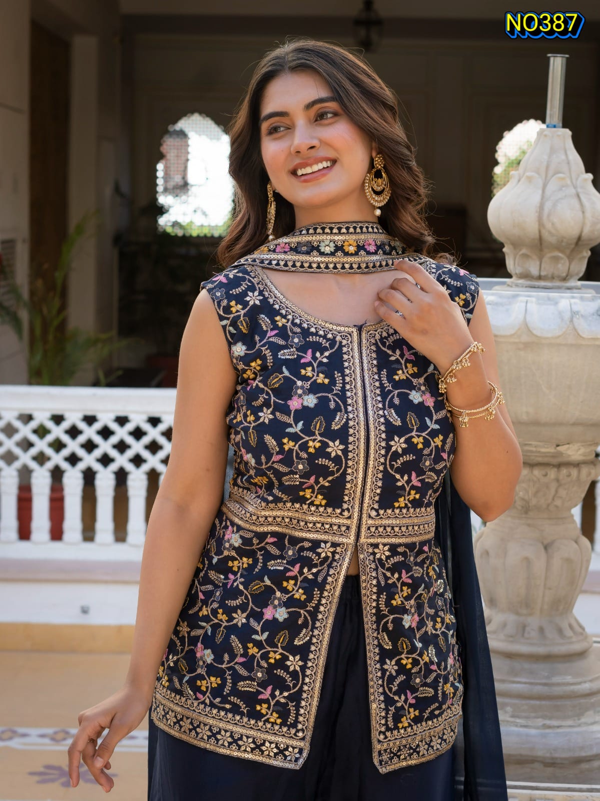 Traditional Navy Blue Premium Star Georgette Embroidered Peplum and Palazzo Set