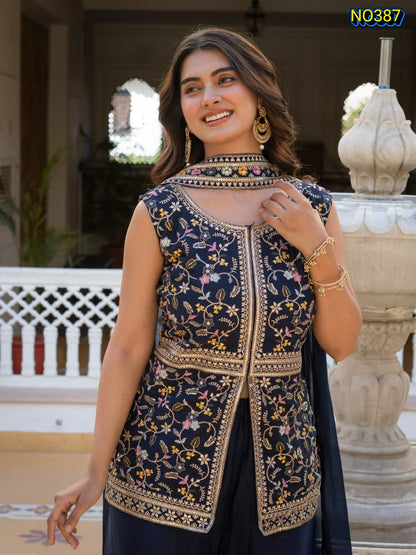 Traditional Navy Blue Premium Star Georgette Embroidered Peplum and Palazzo Set