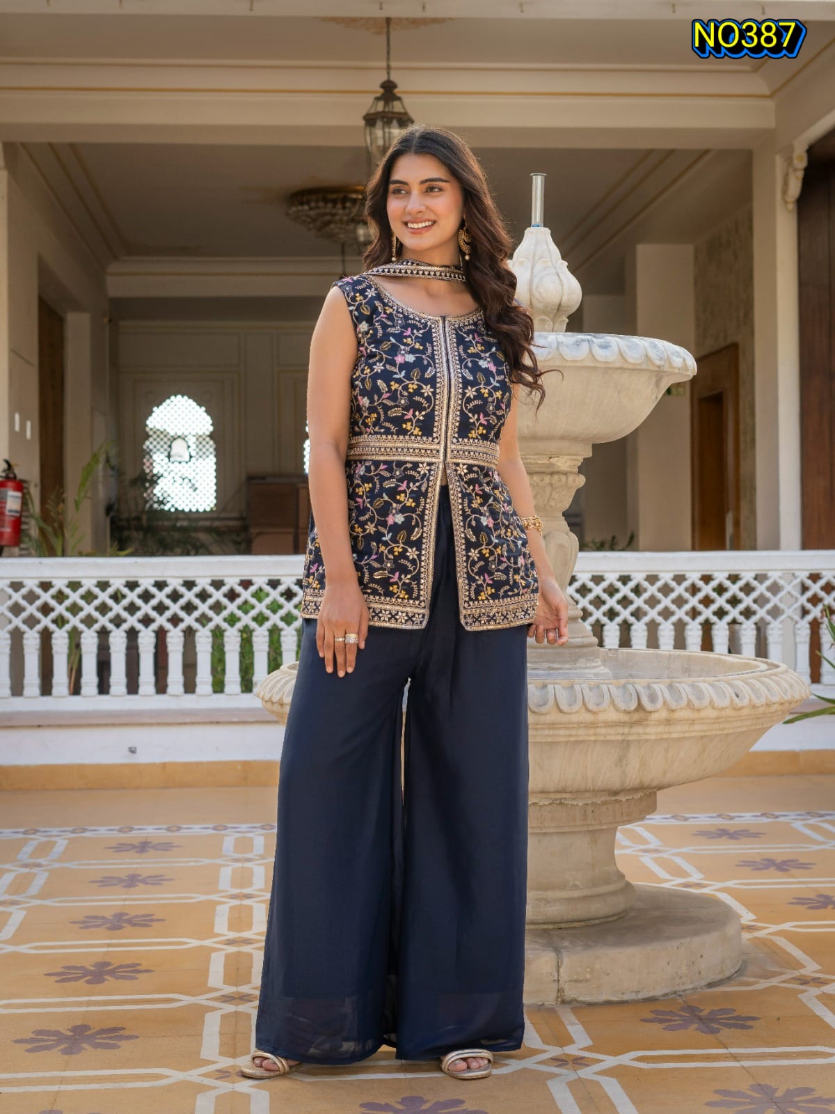 Traditional Navy Blue Premium Star Georgette Embroidered Peplum and Palazzo Set