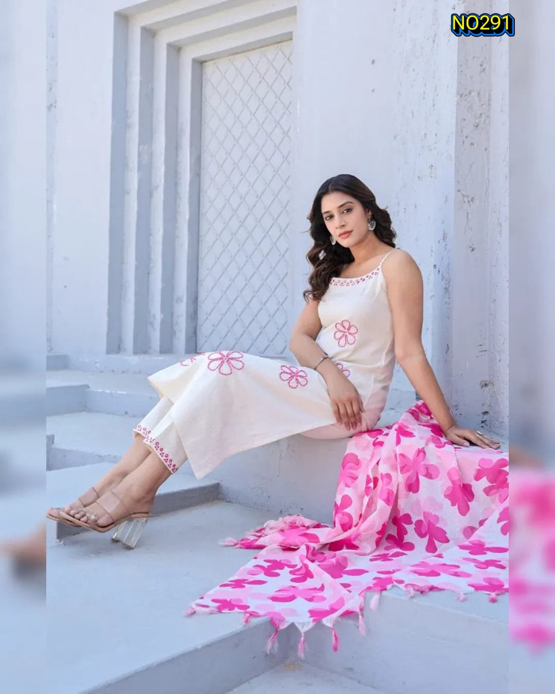 Chic Off-White-Pink Soft Rayon Slub Kurta Set with Floral Print Dupatta
