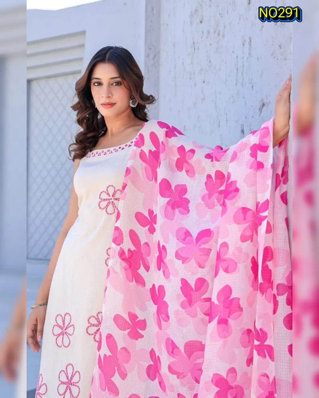 Chic Off-White-Pink Soft Rayon Slub Kurta Set with Floral Print Dupatta