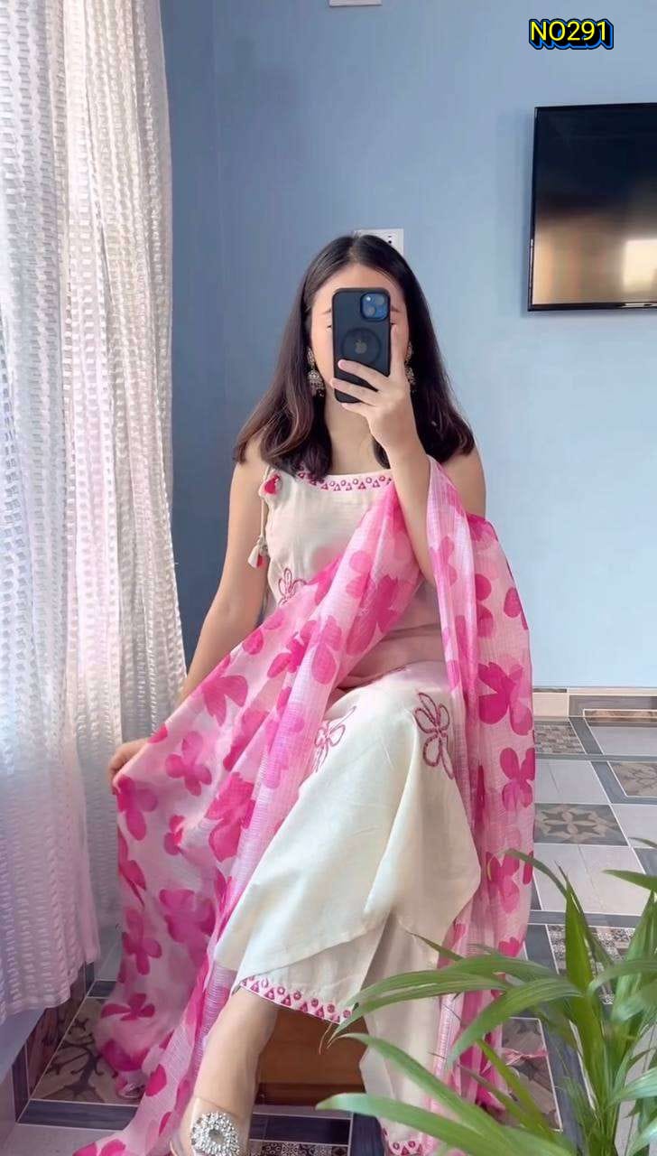 Chic Off-White-Pink Soft Rayon Slub Kurta Set with Floral Print Dupatta