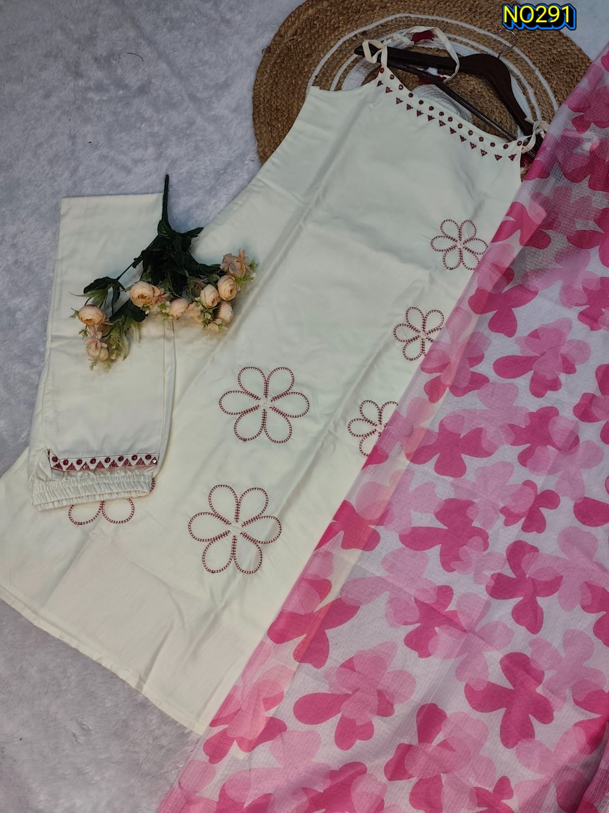Chic Off-White-Pink Soft Rayon Slub Kurta Set with Floral Print Dupatta