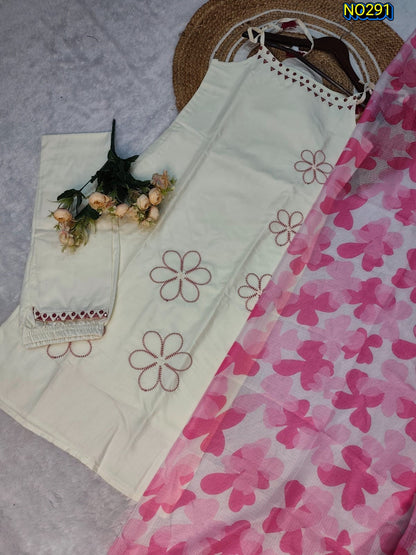 Chic Off-White-Pink Soft Rayon Slub Kurta Set with Floral Print Dupatta