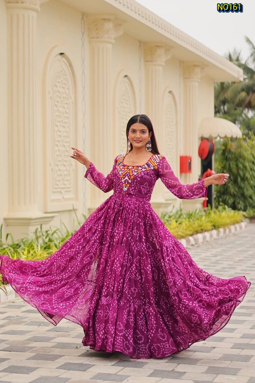 Vibrant Bandhani Print Faux Georgette Tiered Gown with Intricate Mirror Work