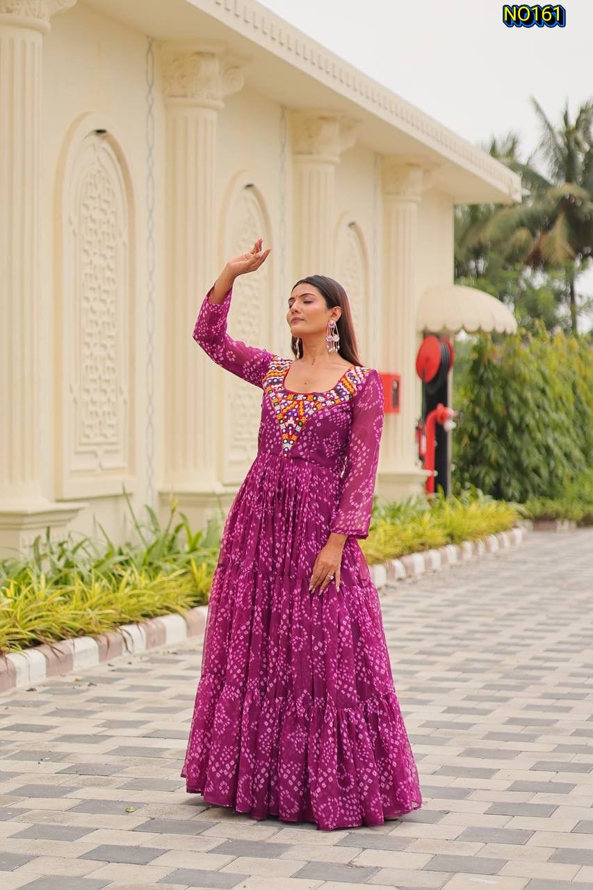 Vibrant Bandhani Print Faux Georgette Tiered Gown with Intricate Mirror Work