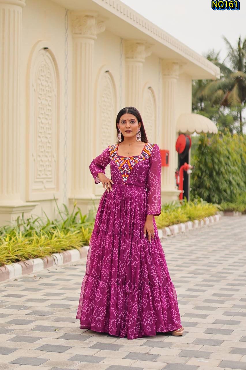 Vibrant Bandhani Print Faux Georgette Tiered Gown with Intricate Mirror Work