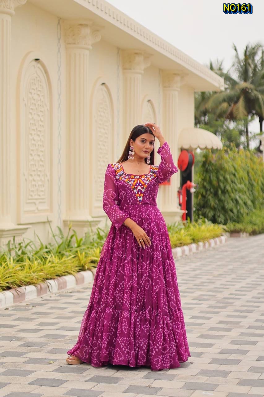 Vibrant Bandhani Print Faux Georgette Tiered Gown with Intricate Mirror Work