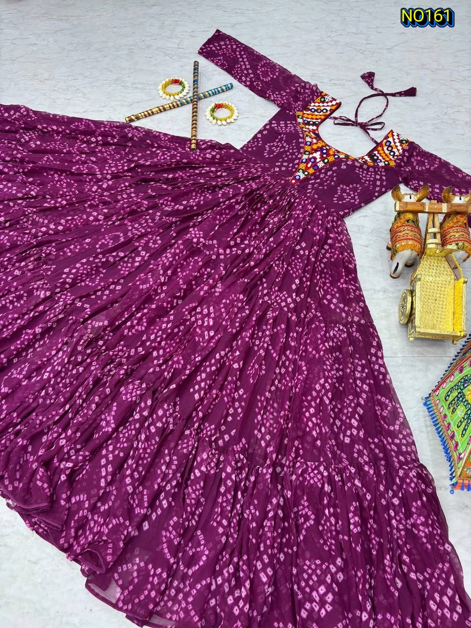 Vibrant Bandhani Print Faux Georgette Tiered Gown with Intricate Mirror Work