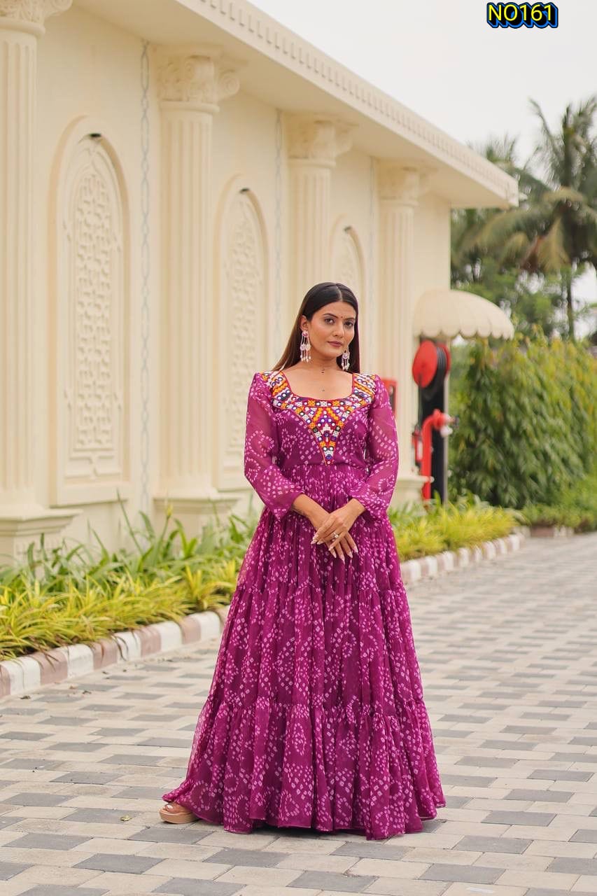 Vibrant Bandhani Print Faux Georgette Tiered Gown with Intricate Mirror Work