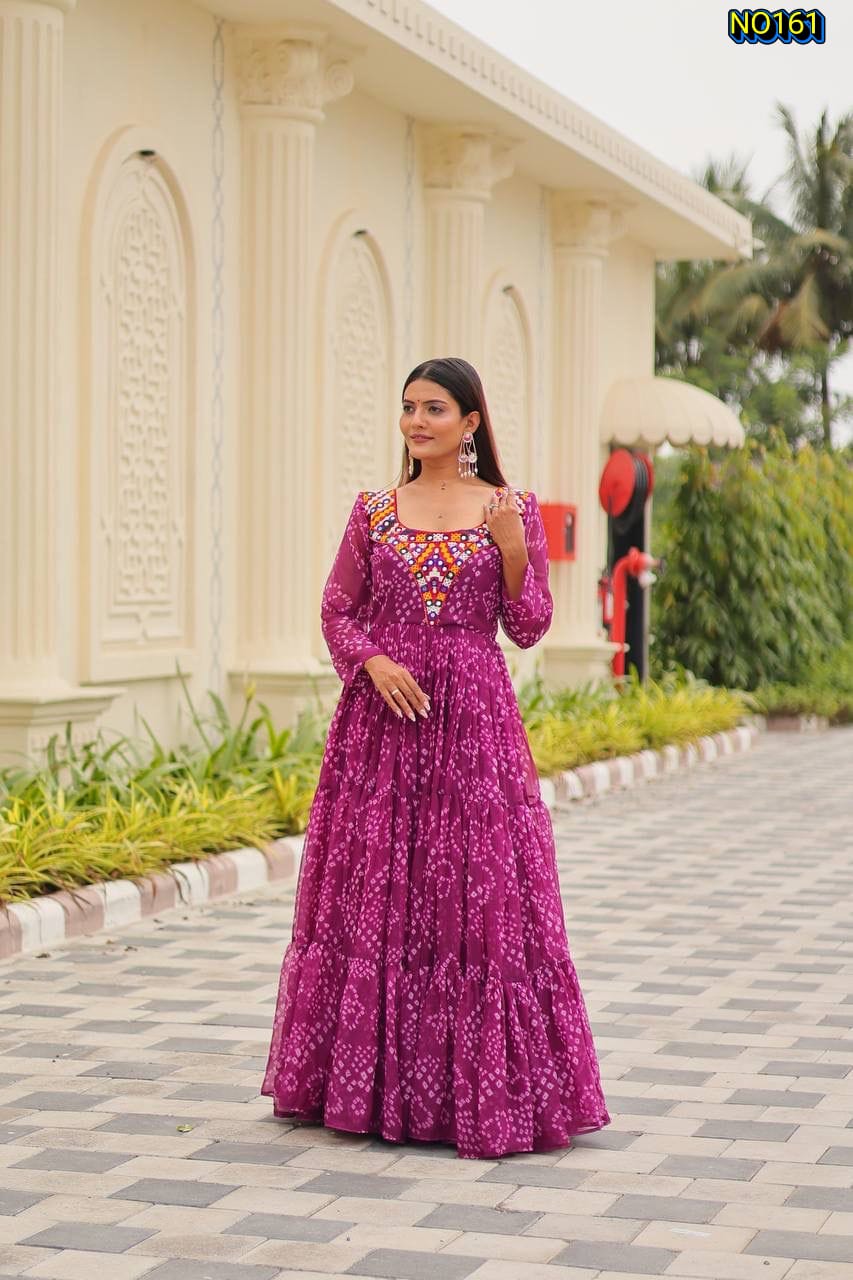 Vibrant Bandhani Print Faux Georgette Tiered Gown with Intricate Mirror Work