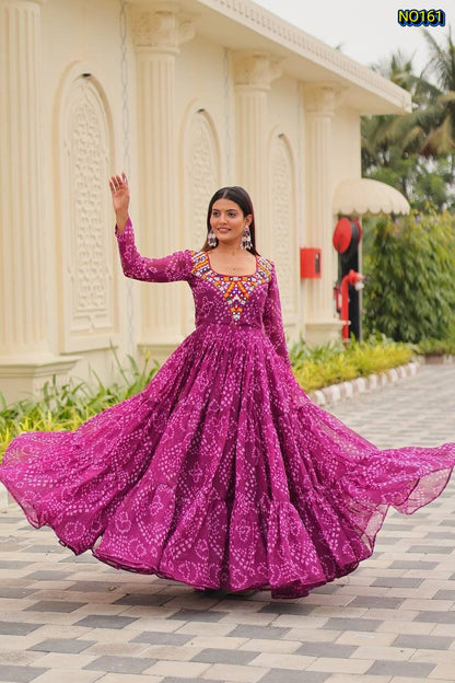 Vibrant Bandhani Print Faux Georgette Tiered Gown with Intricate Mirror Work