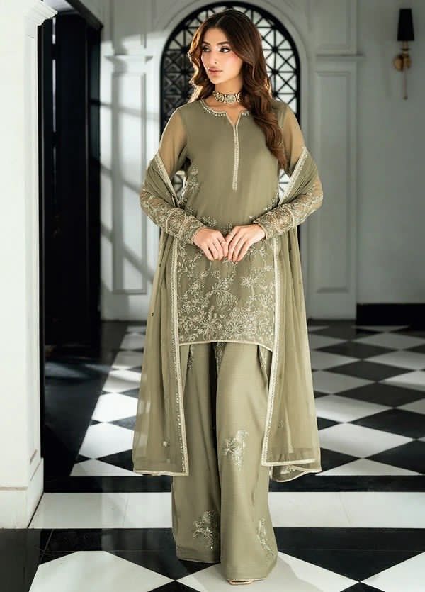 Designer Olive Green Faux Georgette Kurta Set with Intricate Embroidery