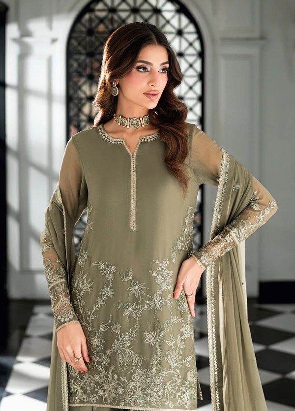 Designer Olive Green Faux Georgette Kurta Set with Intricate Embroidery