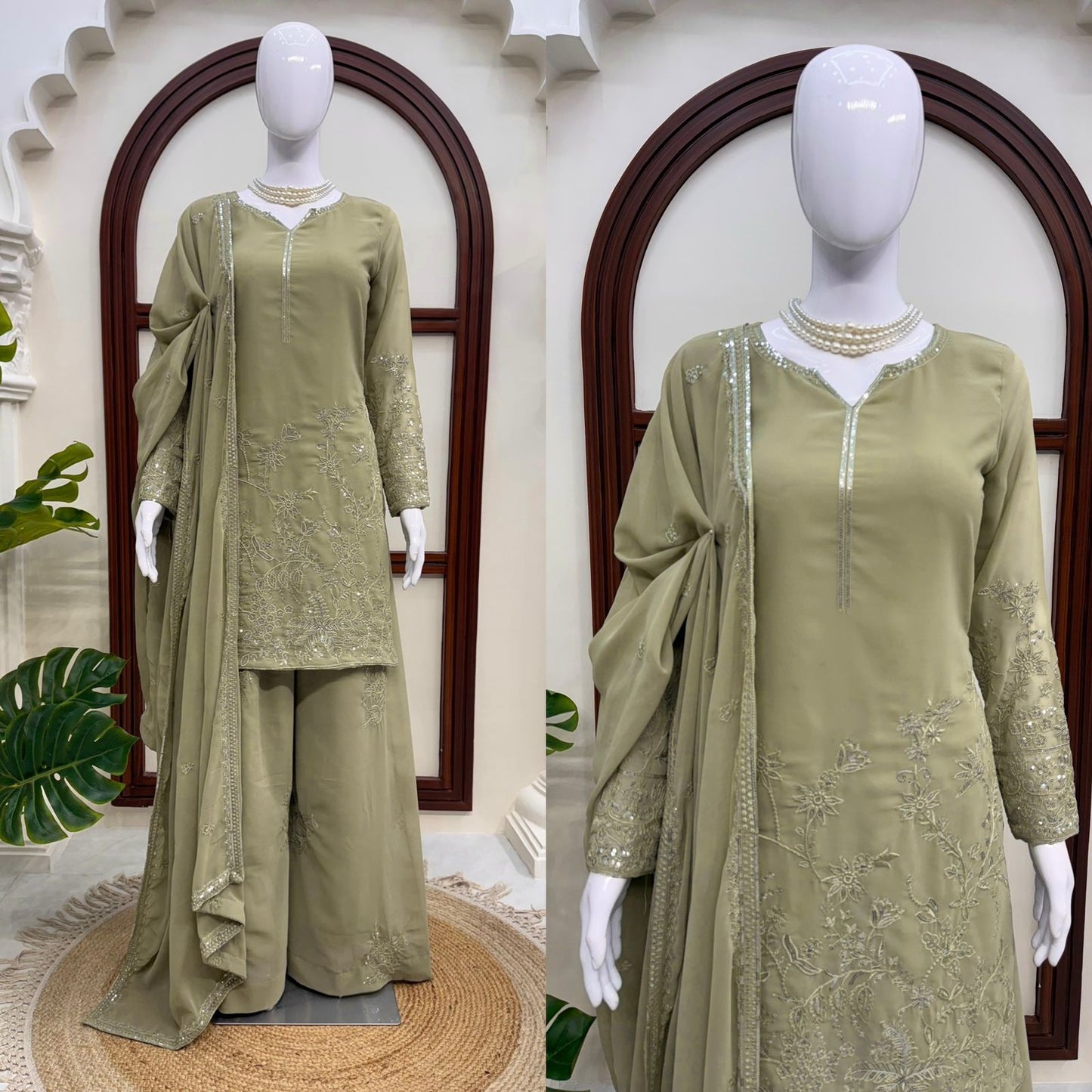 Designer Olive Green Faux Georgette Kurta Set with Intricate Embroidery