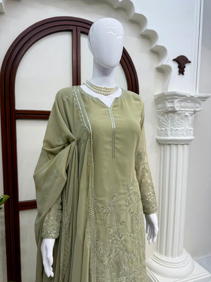 Designer Olive Green Faux Georgette Kurta Set with Intricate Embroidery