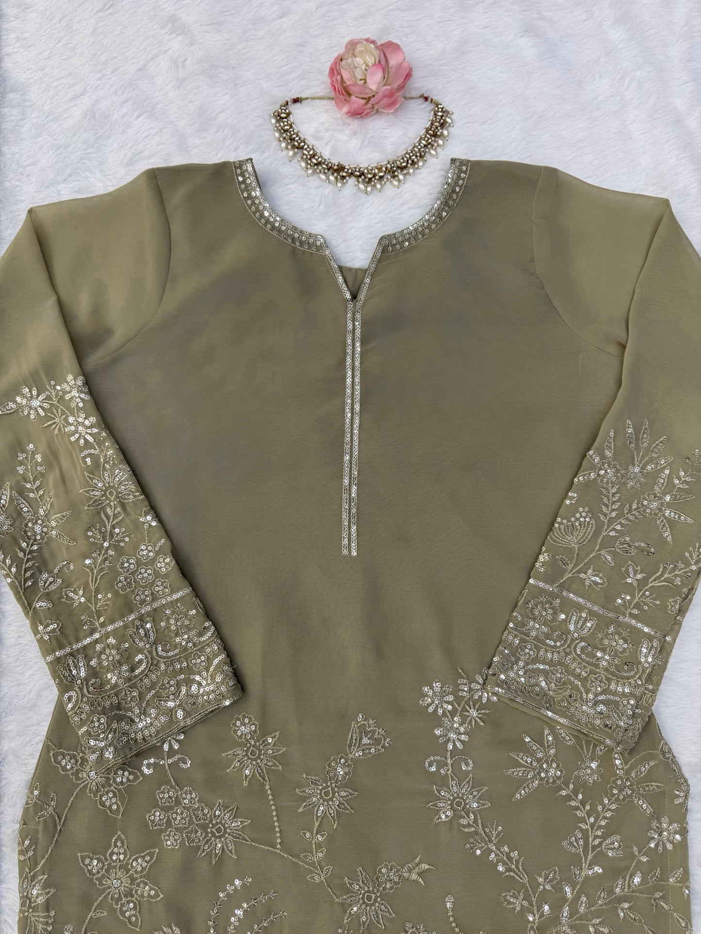 Designer Olive Green Faux Georgette Kurta Set with Intricate Embroidery