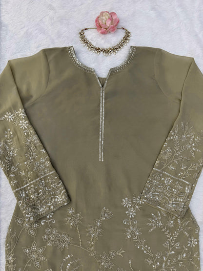 Designer Olive Green Faux Georgette Kurta Set with Intricate Embroidery