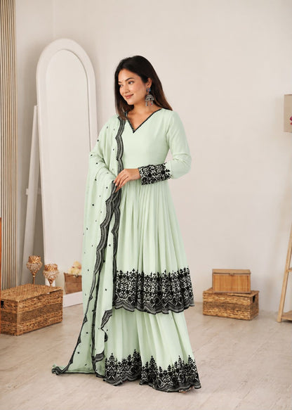 Fantastic Cream Faux Georgette Peplum and Suit Set with Mirror Work