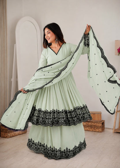 Fantastic Cream Faux Georgette Peplum and Suit Set with Mirror Work